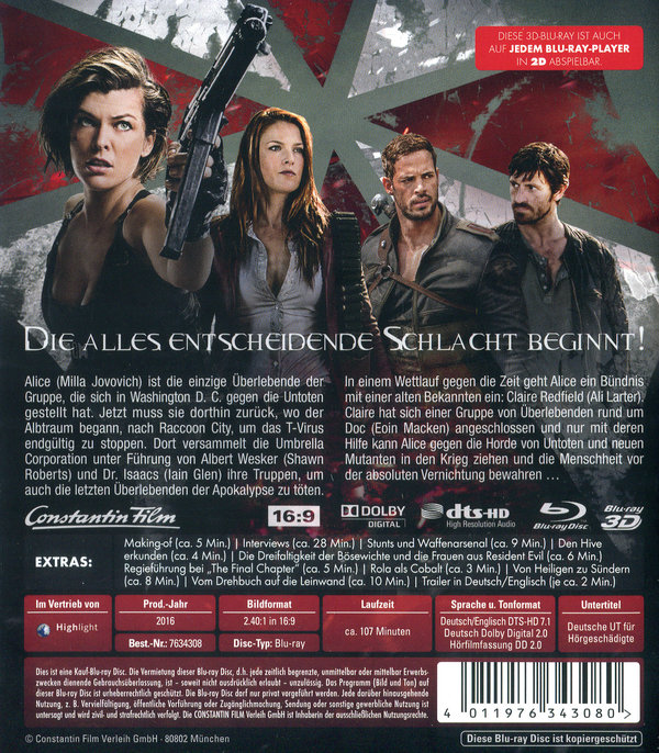 Resident Evil: The Final Chapter 3D (3D blu-ray)
