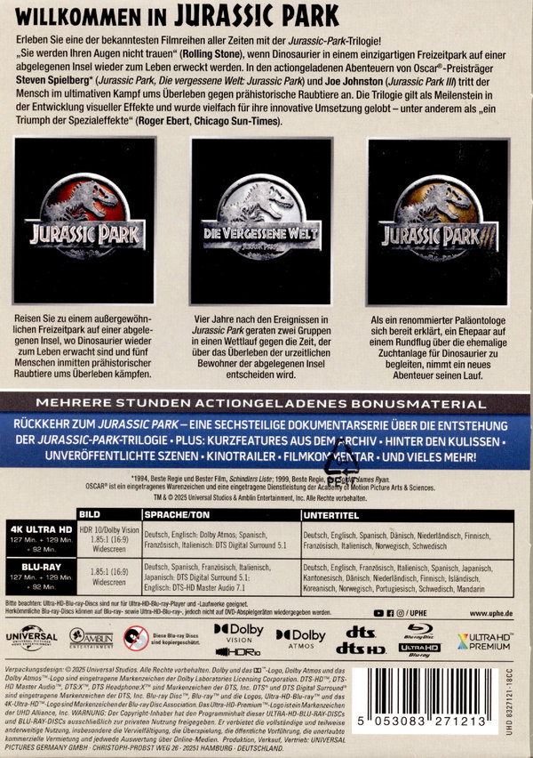 Jurassic Park Trilogie - Limited Steelbook Edition  (4K Ultra HD+blu-ray)