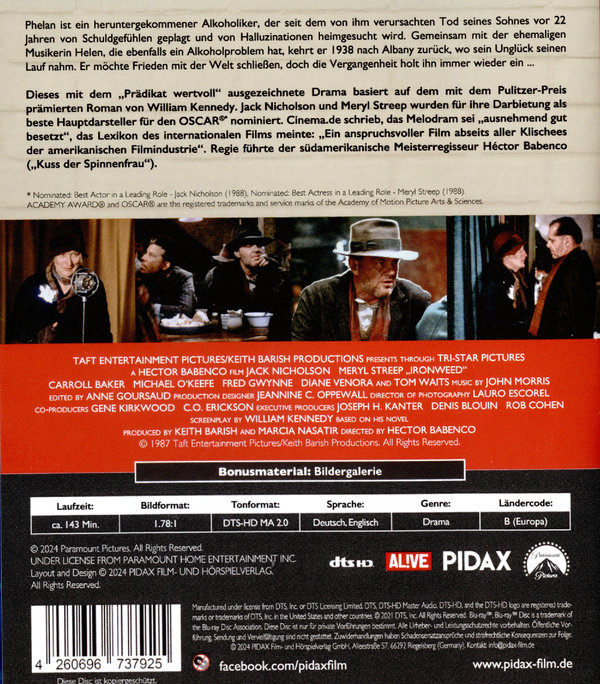 Wolfsmilch (Ironweed) / Vielfach ausgezeichnetes Meisterwerk mit den Weltstars Jack Nicholson und Meryl Streep (Pidax Film-Klassiker)  (Blu-ray Disc)