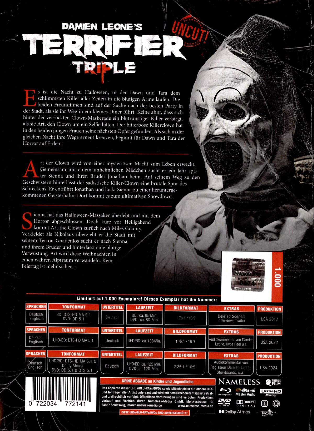 Terrifier 1-3 - Uncut Schuber Mediabook Edition  (4K Ultra HD+blu-ray+DVD)