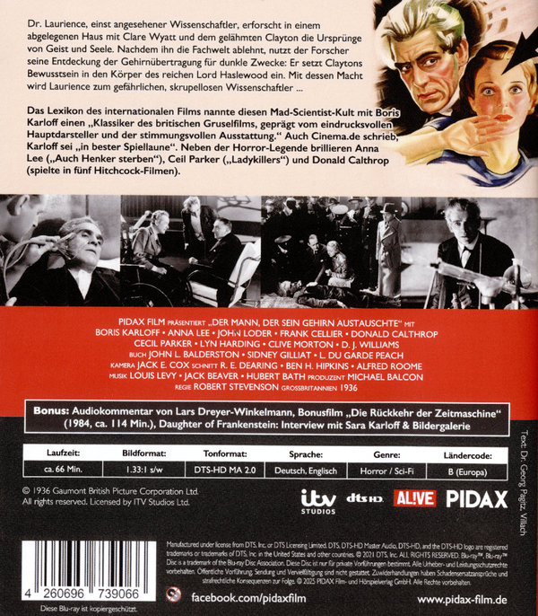 Der Mann, der sein Gehirn austauschte (The man who changed his mind) / Horror-Klassiker mit „Frankenstein“ Boris Karloff + Bonusfilm (Pidax Film-Klassiker)  (Blu-ray Disc)